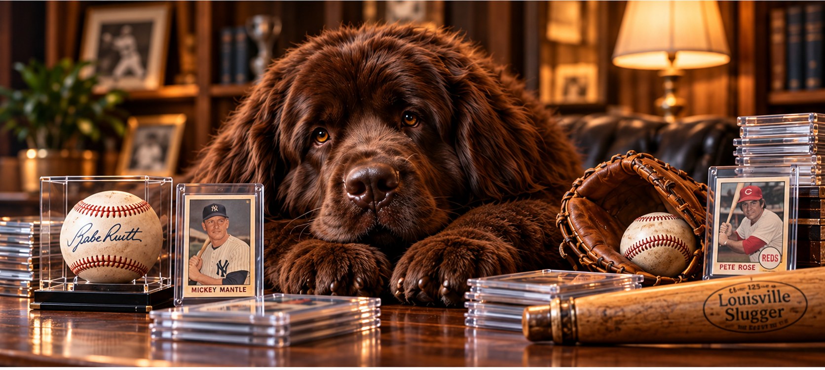 Illustration of a chocolate Newfoundland resting beside baseball cards, an autographed baseball, and vintage memorabilia